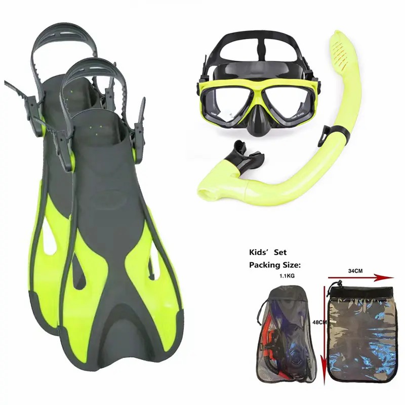 Kids S/M L/XL Customize Panoramic Wide View Swimming Adjustable Goggles Snorkel Fins Diving Equipment Set